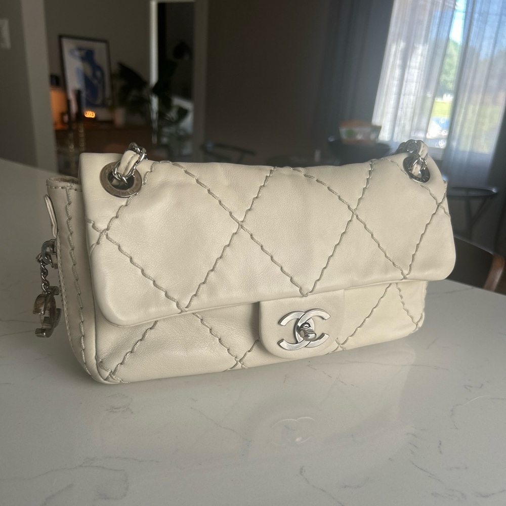 Cream Chanel Single Flap with CC Charm